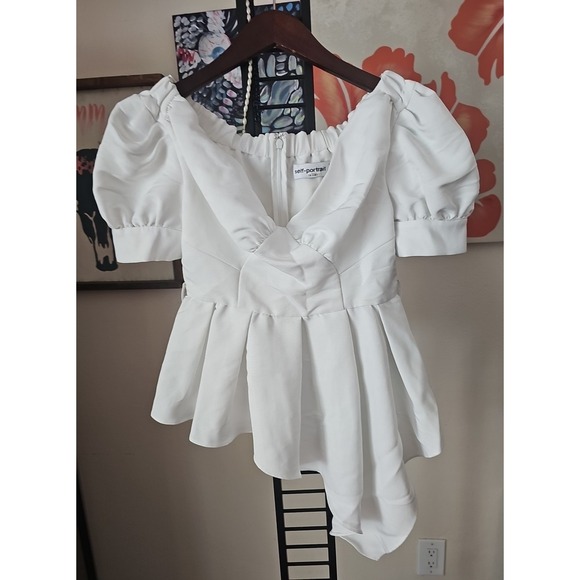 SELF PORTRAIT Off Shoulder Short Puff Sleeve Asymmetric Pleat Hem Top US‎ 6 JT01 - Picture 1 of 10